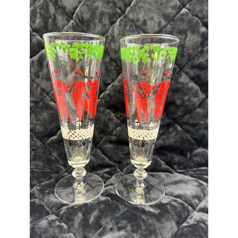 Vintage Libbey Gay Nineties Brass Band Parade Tall Cocktail Glass Set Of 2 1960s